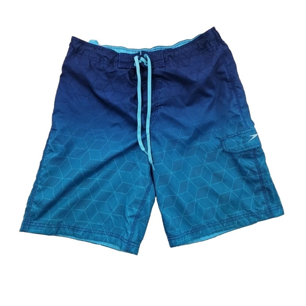 Speedo Lined Board Shorts Men's XL Blue Ombre 1 Pocket Drawstring 10" Inseam